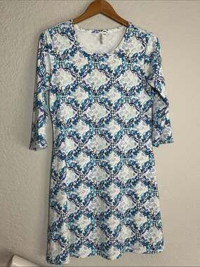 Lulu-B Blue White Paisley Print Shift Dress Resortwear Beach Vacation Nautical